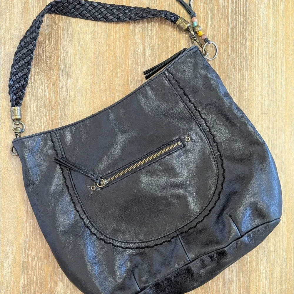 The SAK Indio Black Soft Leather Hobo Braided Shoulder Strap Bag Purse Zip